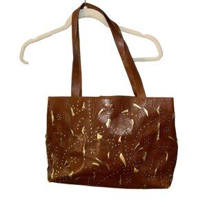 tehama laser cut tooled brown leather tote bag purse